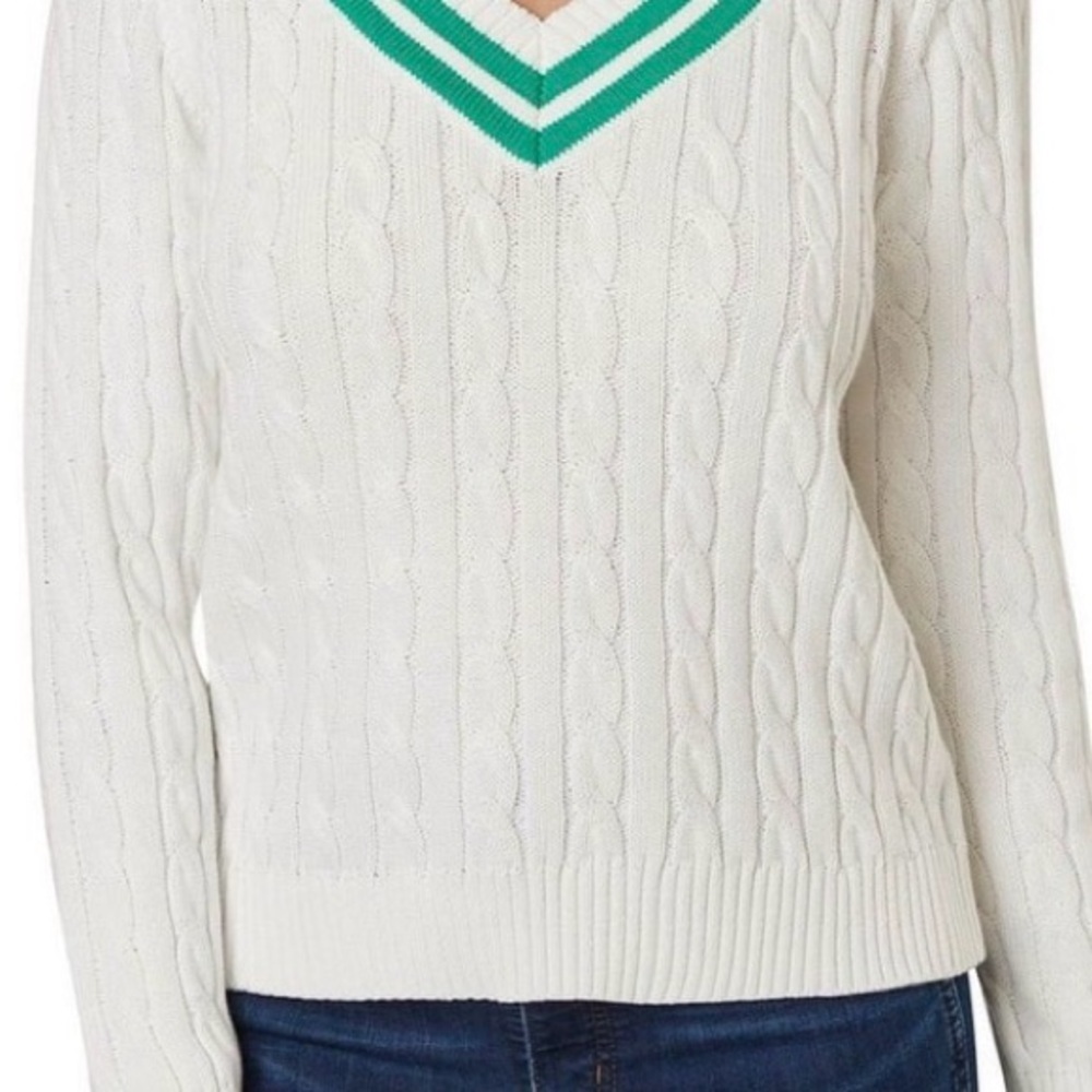 Lands End V Neck Cable Knit Sweater - Picture 2 of 8